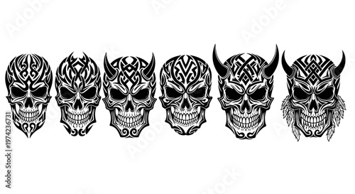 Detailed tattooed skulls with horns designs.