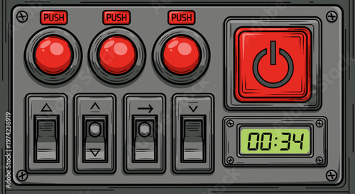 Red buttons on control panel interface.