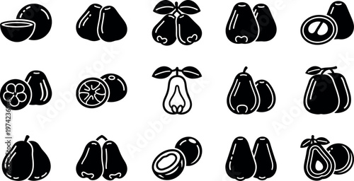 Black and white of various pears and other fruits silhouettes white background