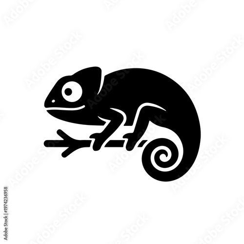 Minimalist chameleon silhouette featuring its iconic spiral tail and large round eye, sleek black and white reptile icon for creative branding and adaptive design concepts.
