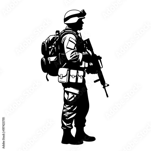 Silhouette of a soldier in full gear, holding a rifle, ready for action.