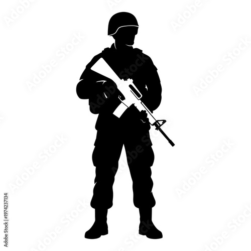 Silhouette of a soldier holding a rifle, standing at attention, military concept