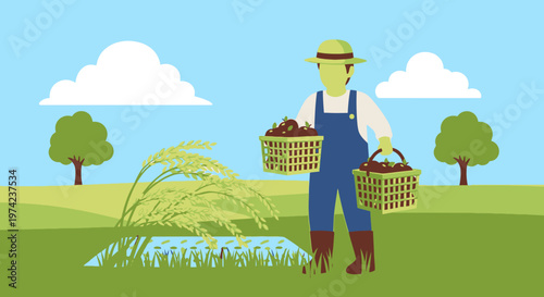 Man in overalls holding baskets of produce.