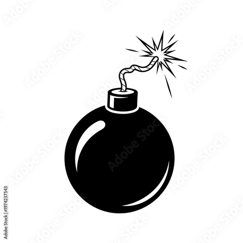 Black Bomb with Burning Fuse, Explosion Spark, Danger Symbol, Vector Illustration