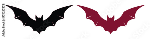 Minimalist bat silhouette vector set, black and maroon flying bat icons, spooky halloween animal graphics for gothic design and party decor