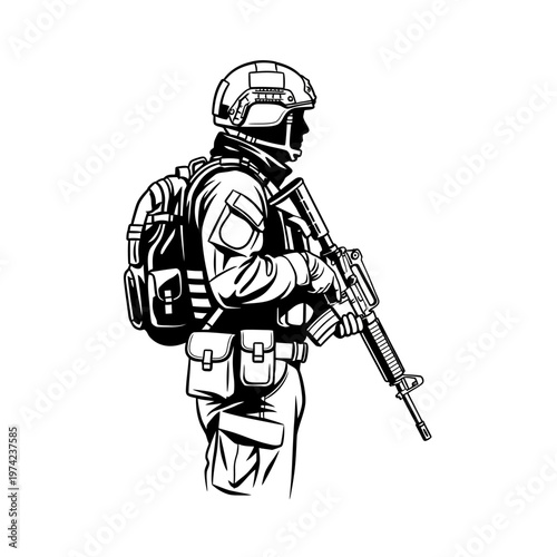 Soldier with Rifle and Backpack, Military Combat Gear, Tactical Equipment, Ready for Action