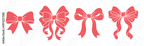 Pink ribbon bow vector set, elegant decorative gift bows for wedding invitations, 4 coral satin ribbon elements for festive greeting cards