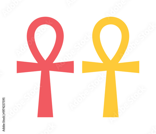 Ancient Egyptian Ankh symbols in red and yellow, flat vector illustration of the key of life, mystical religious icons for spiritual design