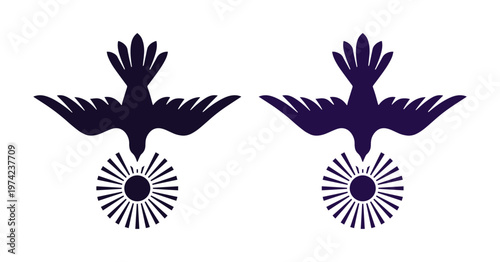 Minimalist dove silhouette with sunburst rays, spiritual bird icons in dark purple, religious holy spirit vector symbols for church branding