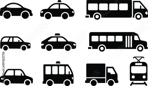 Set of black silhouette representing various public and private transportation vehicles