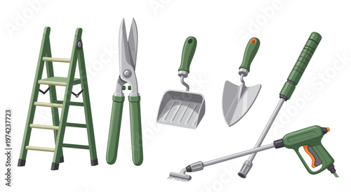 Assortment of gardening tools including ladder, shears, trowel, and sprayer