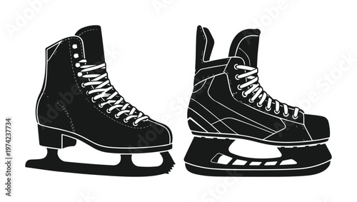 Black silhouette ice skates vector set, professional hockey skate and figure skating boot icons, winter sports equipment isolated on white