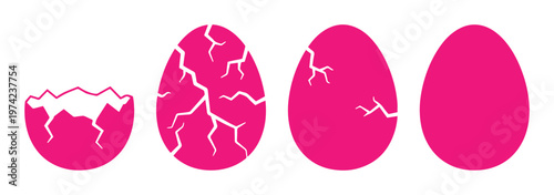 Pink cracked egg icons showing hatching stages, set of 4 vector eggshell evolution symbols, magenta bird egg birth process sequence