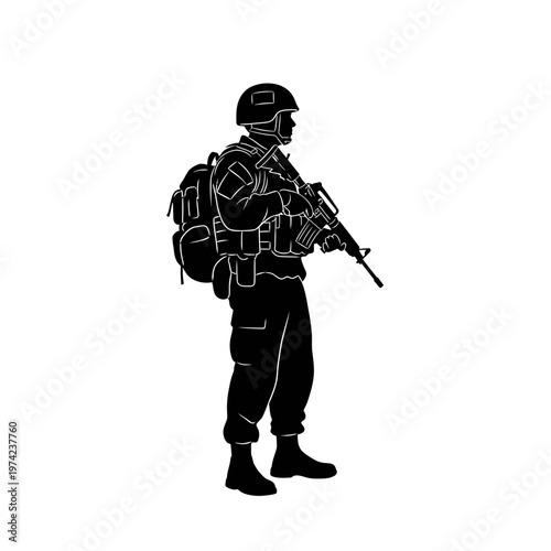Silhouette of a soldier with a rifle and backpack, ready for combat