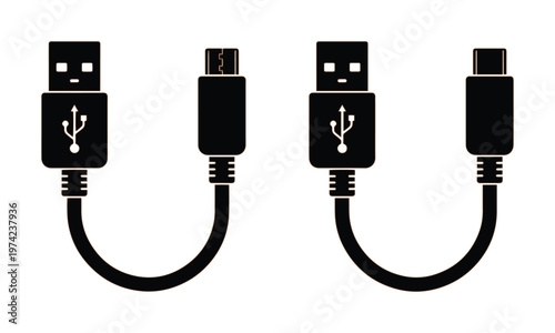 USB cable vector icons, black silhouette of micro USB and type C charging cords, universal serial bus connector set for technology and hardware design