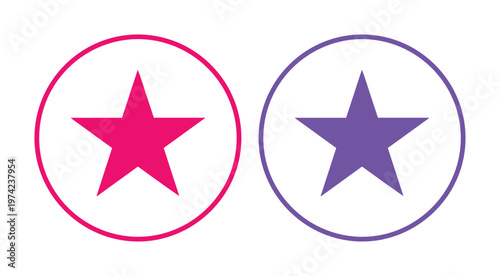 Minimalist star icons in circles, pink and purple five-pointed star symbols, flat vector graphic elements for rating and UI design