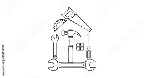 Construction tools forming a house outline icon on white