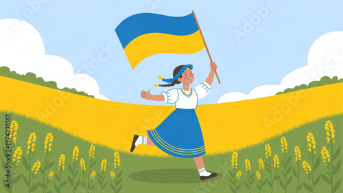 Young woman in traditional Ukrainian clothing runs with flag in a field of sunflowers symbolizing freedom and national pride