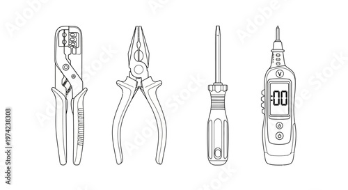 Essential electrical and construction hand tools line art set