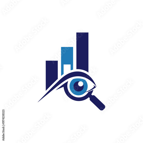 Eye magnifying glass and bar chart analytics logo