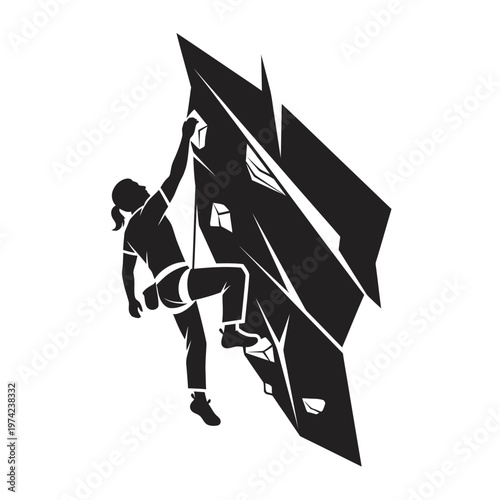 Female rock climber ascending a jagged mountain silhouette.