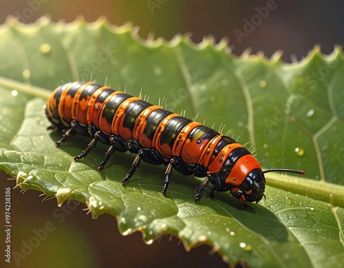 A vibrant orange and black caterpillar on a green leaf (1)