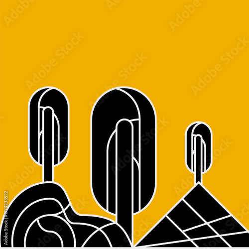 Stylized minimal trees on hills with yellow sky and simple landscape scenery