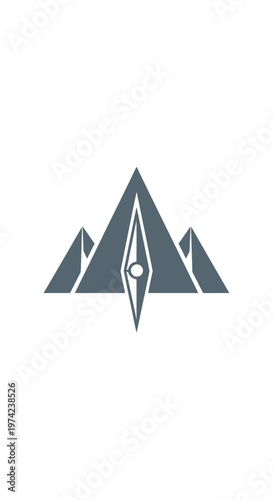 Geometric mountain peaks and stylized compass or eye icon