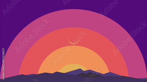 Mountain range with crescent moon and colorful arc, embodying spirituality and tranquility
