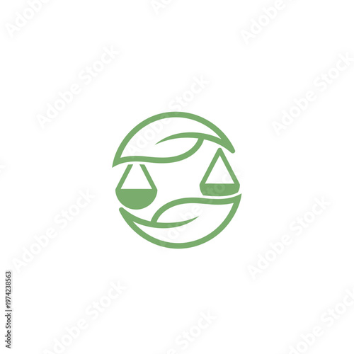 Green balance scale and leaves in a circular logo