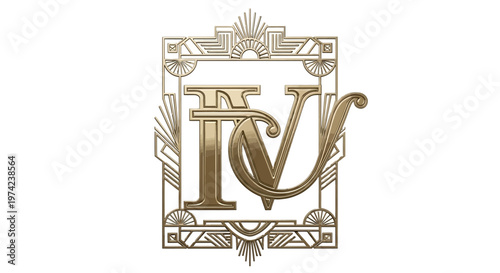 Golden IV monogram in ornate Art Deco frame on white