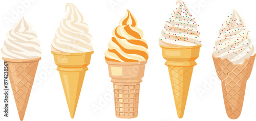 Ice Cream Cone Vector Set Featuring Vanilla, Chocolate, and Swirled Flavors with Sprinkles for Food, Dessert, and Sweet Treat Illustrations