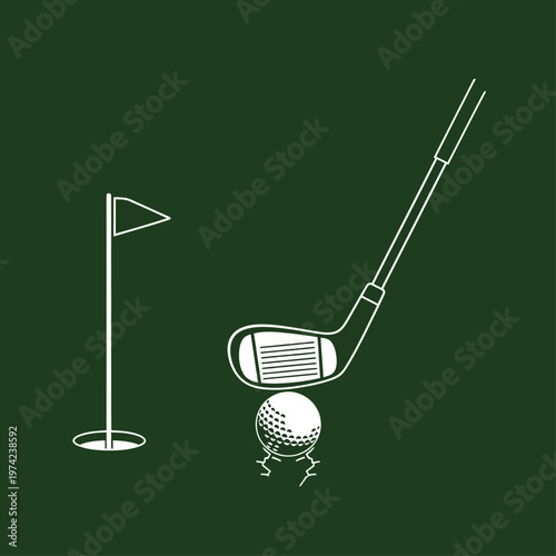 Golf club hitting ball near flag on green minimalist illustration