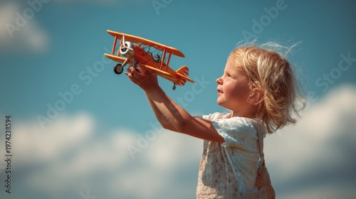 Wallpaper Mural Happy child playing with toy airplane, blue summer sky background  Torontodigital.ca