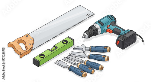 Hand saw, cordless drill, spirit level and wood chisels