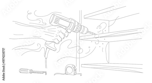 Hand drills into wooden shelf with electric power tool