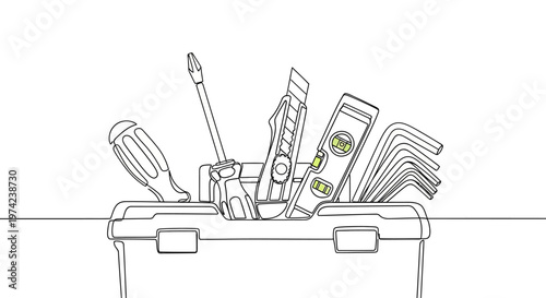 Hand tools in a toolbox continuous line art drawing