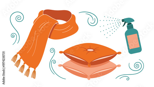 Household cleaning supplies including a spray bottle an orange scarf and soft cushions for home maintenance and comfort.