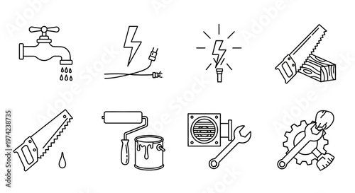 Home improvement and repair tools line art icons