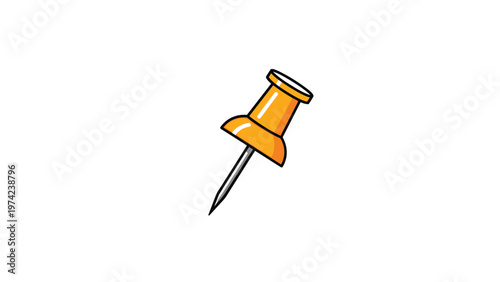 Simple flat illustration of a yellow push pin with a sharp metal point and shadows for office and organization concepts.