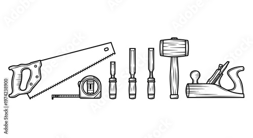Line art collection of woodworking tools for carpentry trade
