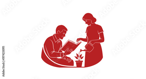 Man reading book and woman nurturing plant