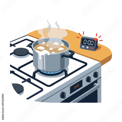 A pot of food boils on a stove as a timer goes off.