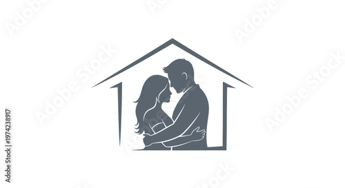 Man and woman embracing within a home symbol