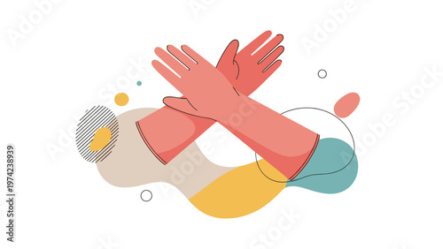 Artistic composition featuring a pair of pink protective rubber gloves crossed over abstract shapes and dots on a clean white background.