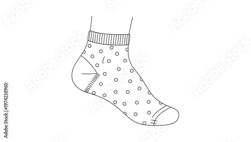 Black and white line drawing of a foot wearing a simple ankle sock decorated with a polka dot pattern on a plain white background.