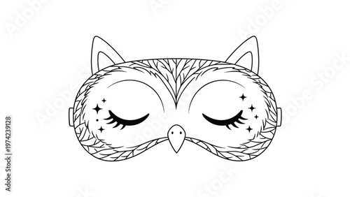 Intricate line art illustration of an owl themed sleep mask featuring detailed feather patterns and decorative stars for a mystical look.
