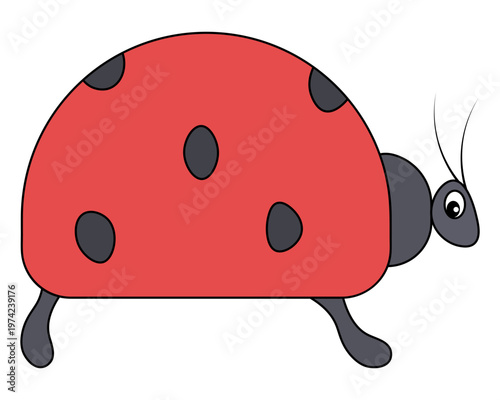 Red ladybug. Side view. Insect with antennae and gray spots on its back. Color vector illustration. Isolated on white background. Idea for web design.