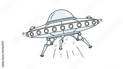 Stylized blue and white illustration of a ufo flying saucer spacecraft with landing gear extended and glowing light effects.