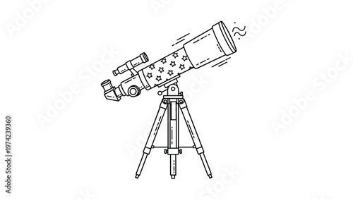 Detailed line art illustration of a astronomical telescope on a tripod stand decorated with stars for star gazing and science.